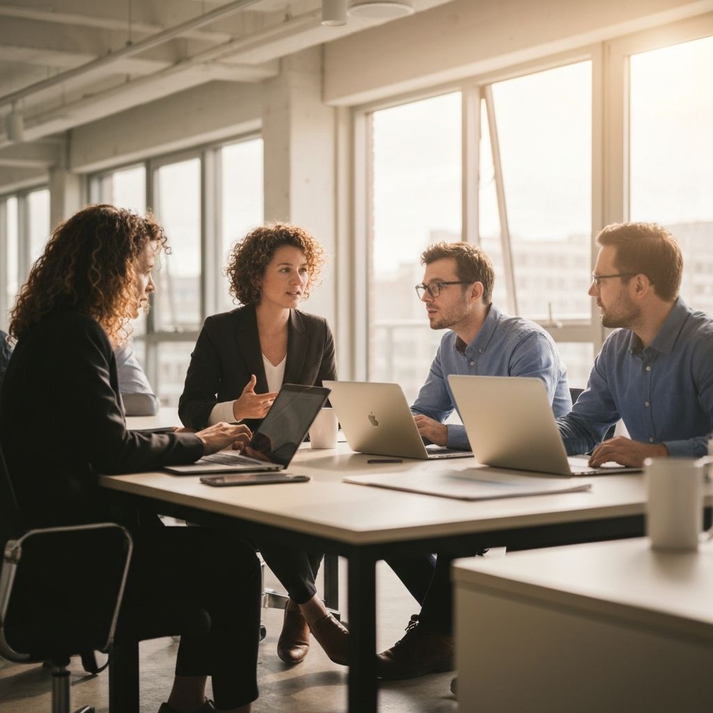 Equipo de profesionales analizando proyectos financieros en oficina moderna